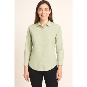 GAP Button Down Shirt 12 Green White‎ Gingham 3/4 Sleeve Fairycore Chic 58-23